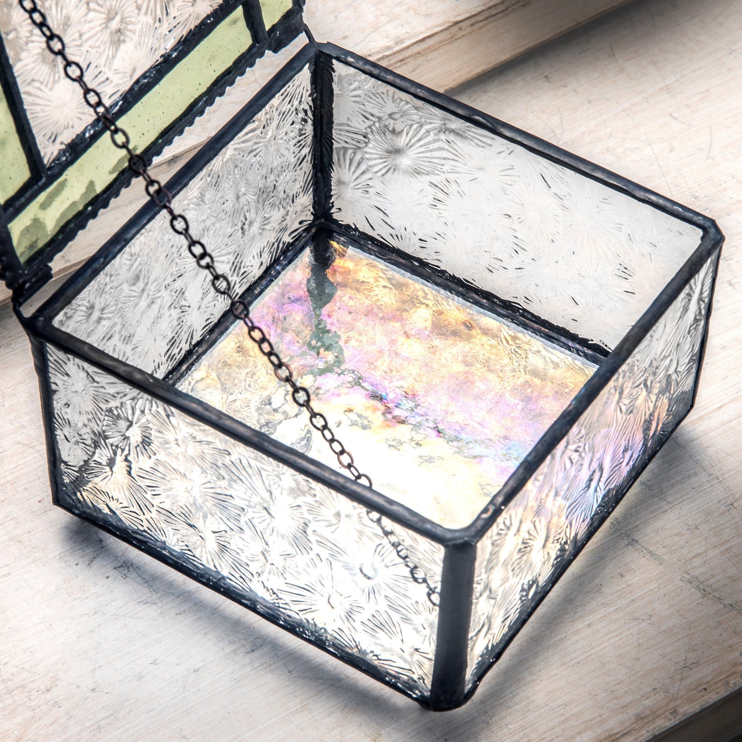 Box 141 Sage and Clear Florentine Glass Box with Dragonfly Accent