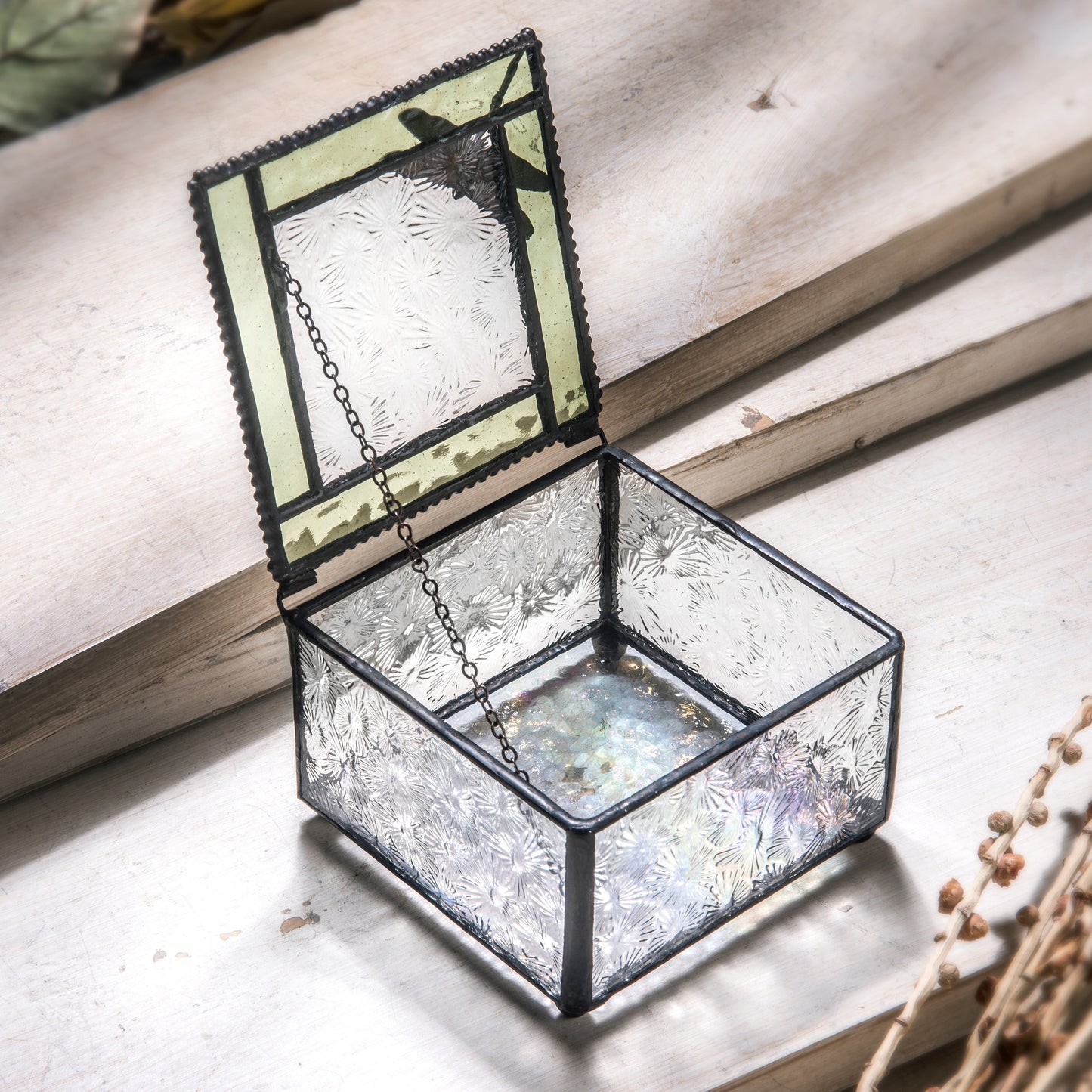 Box 141 Sage and Clear Florentine Glass Box with Dragonfly Accent