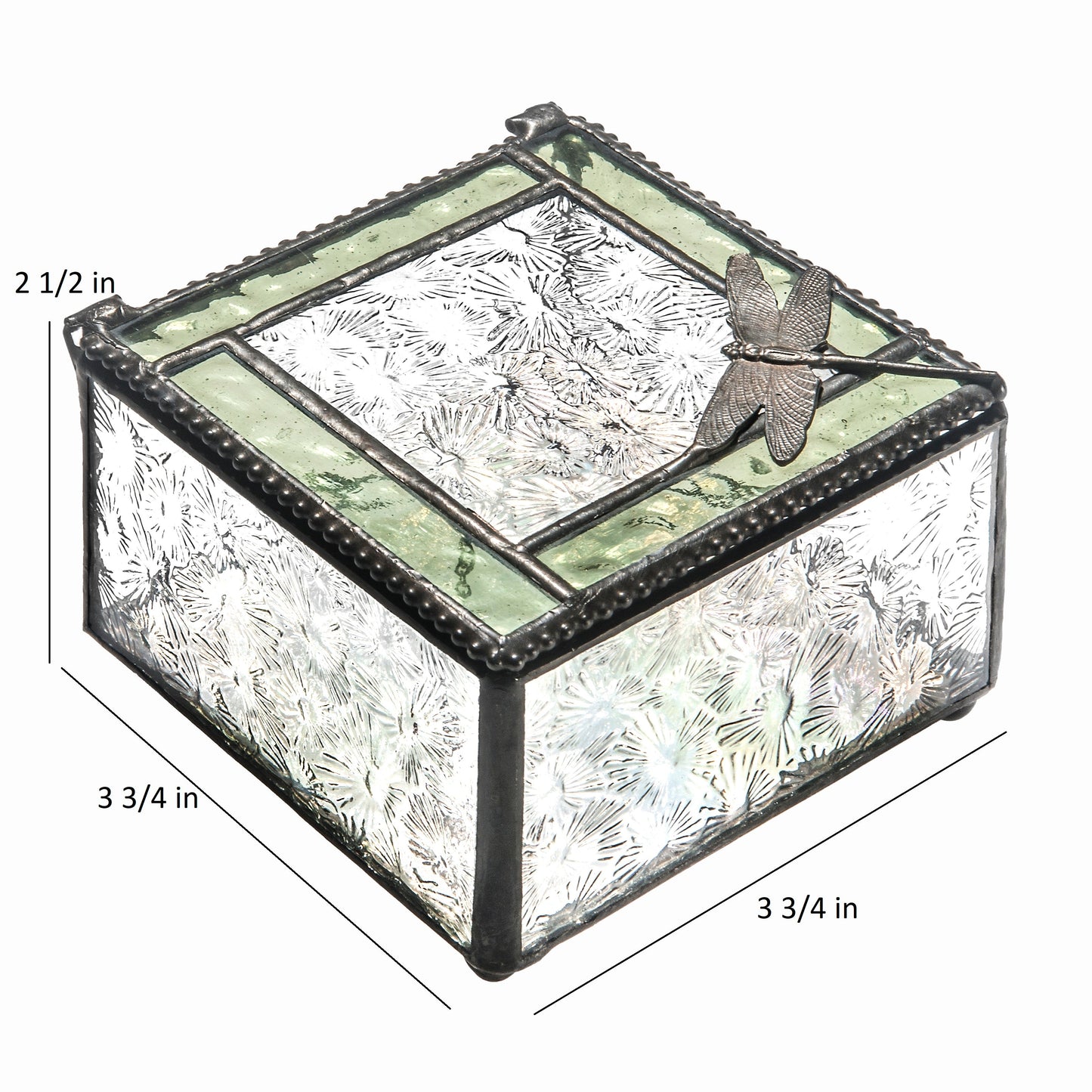 Box 141 Sage and Clear Florentine Glass Box with Dragonfly Accent