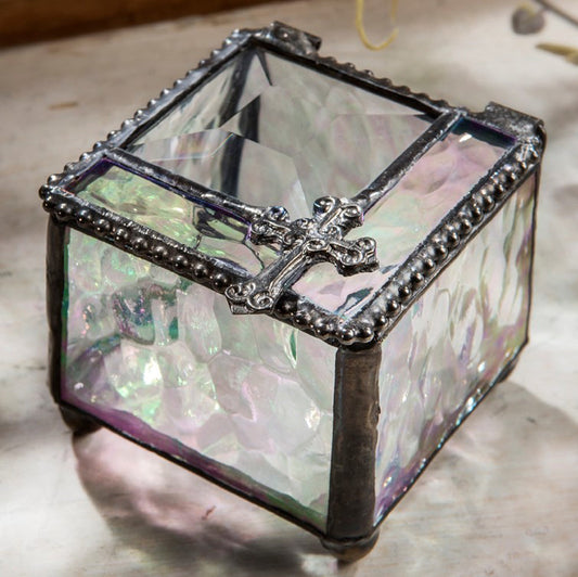 Box 349 Clear Iridescent Glass Box with Cross