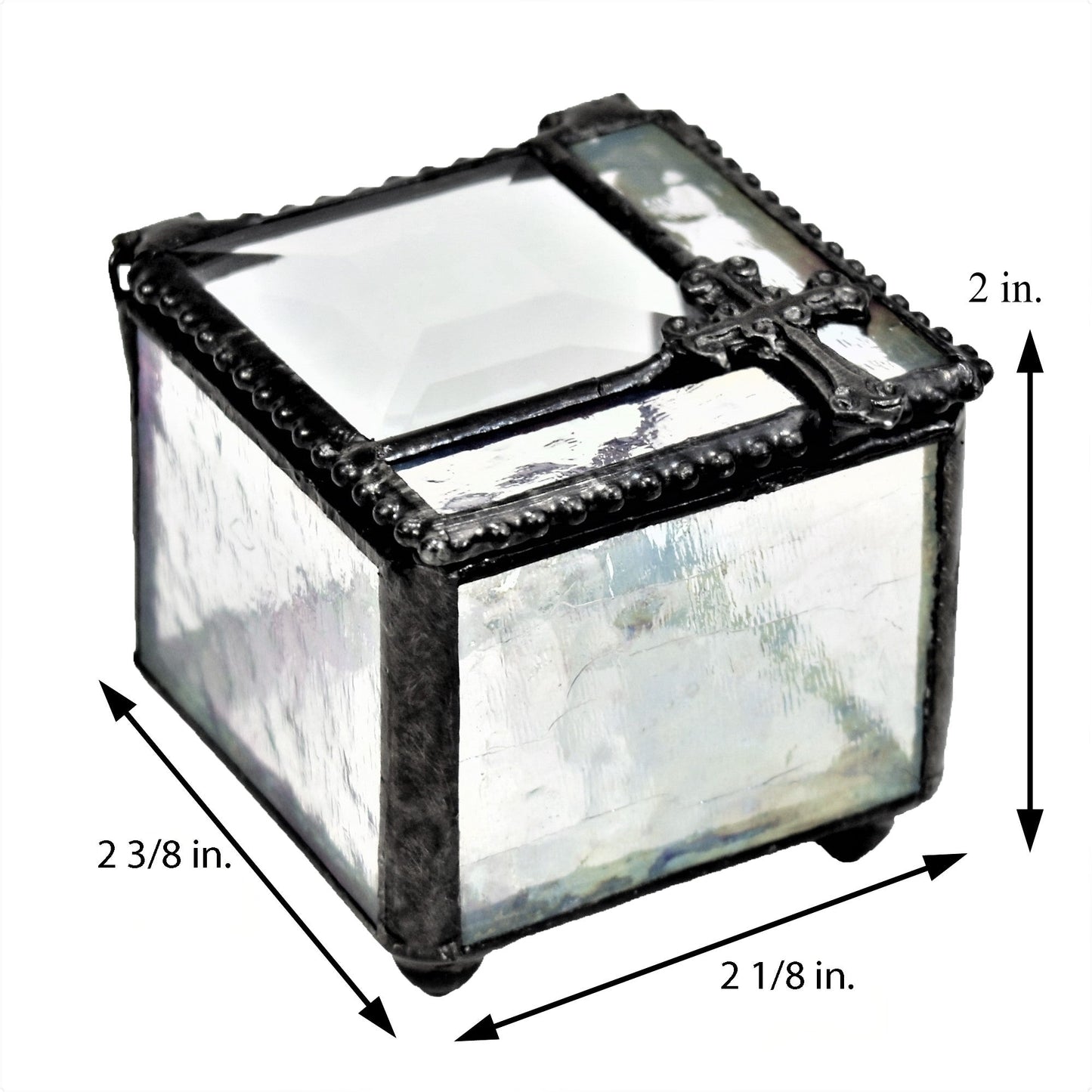 Box 349 Clear Iridescent Glass Box with Cross