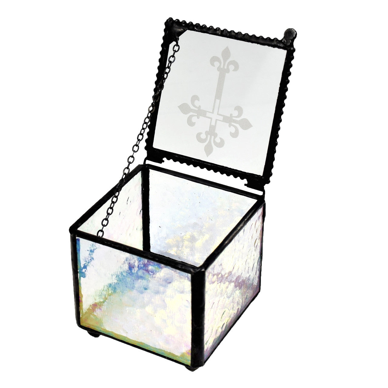 Box 709 Clear Iridized Glass Box with Etched Cross