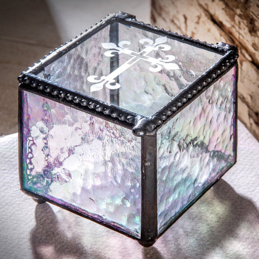 Box 709 Clear Iridized Glass Box with Etched Cross