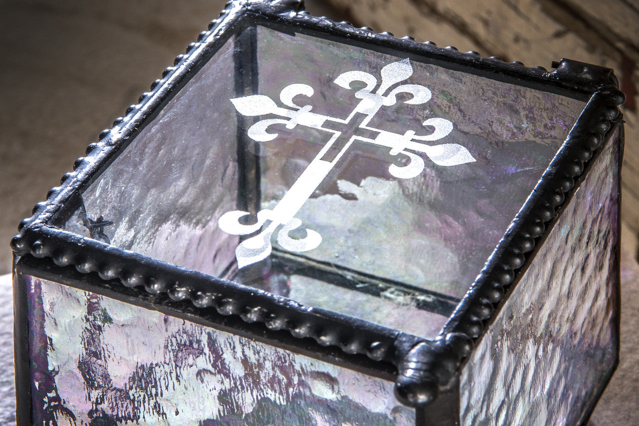Box 709 Clear Iridized Glass Box with Etched Cross
