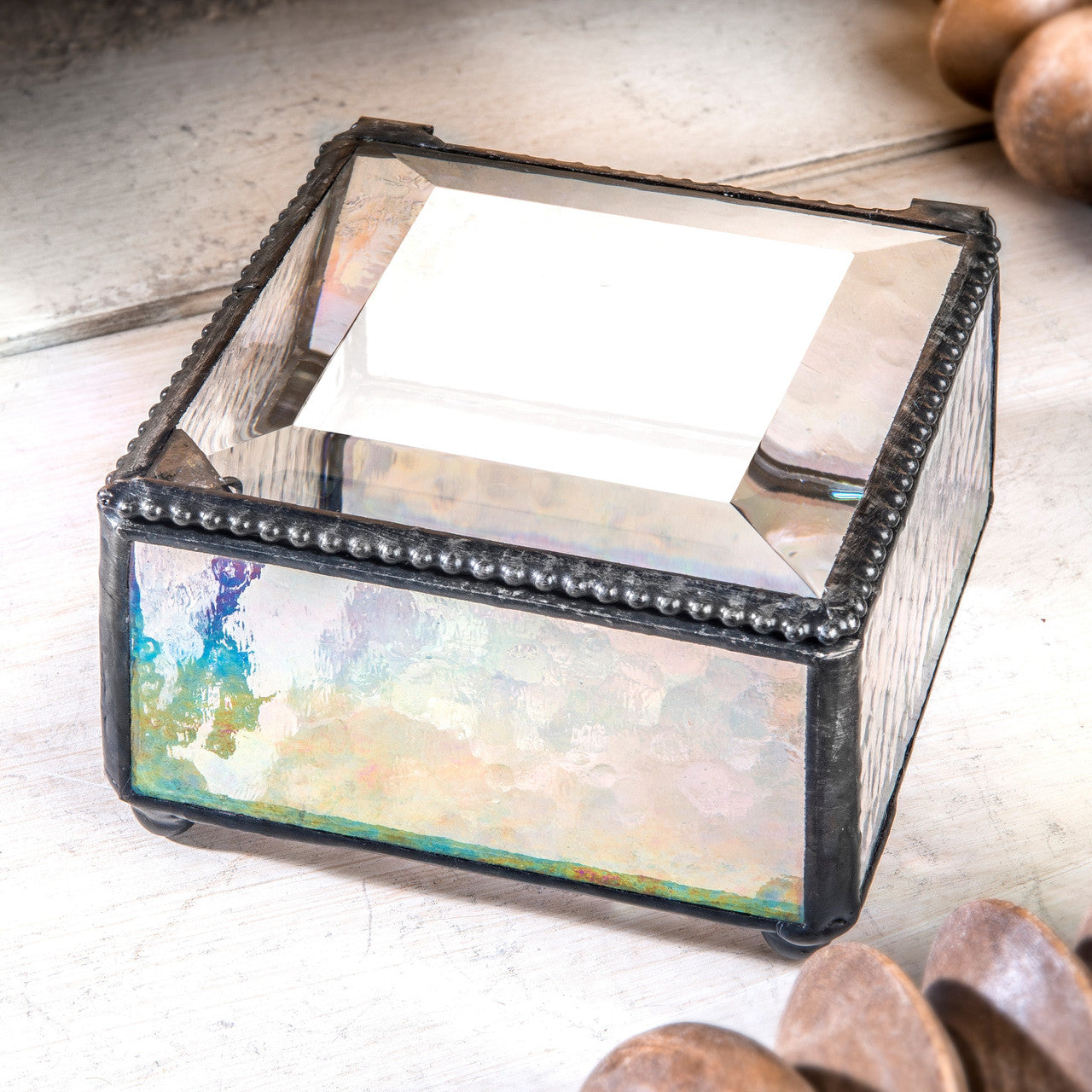 Box 909 Clear Iridescent Glass Box - Round Feet