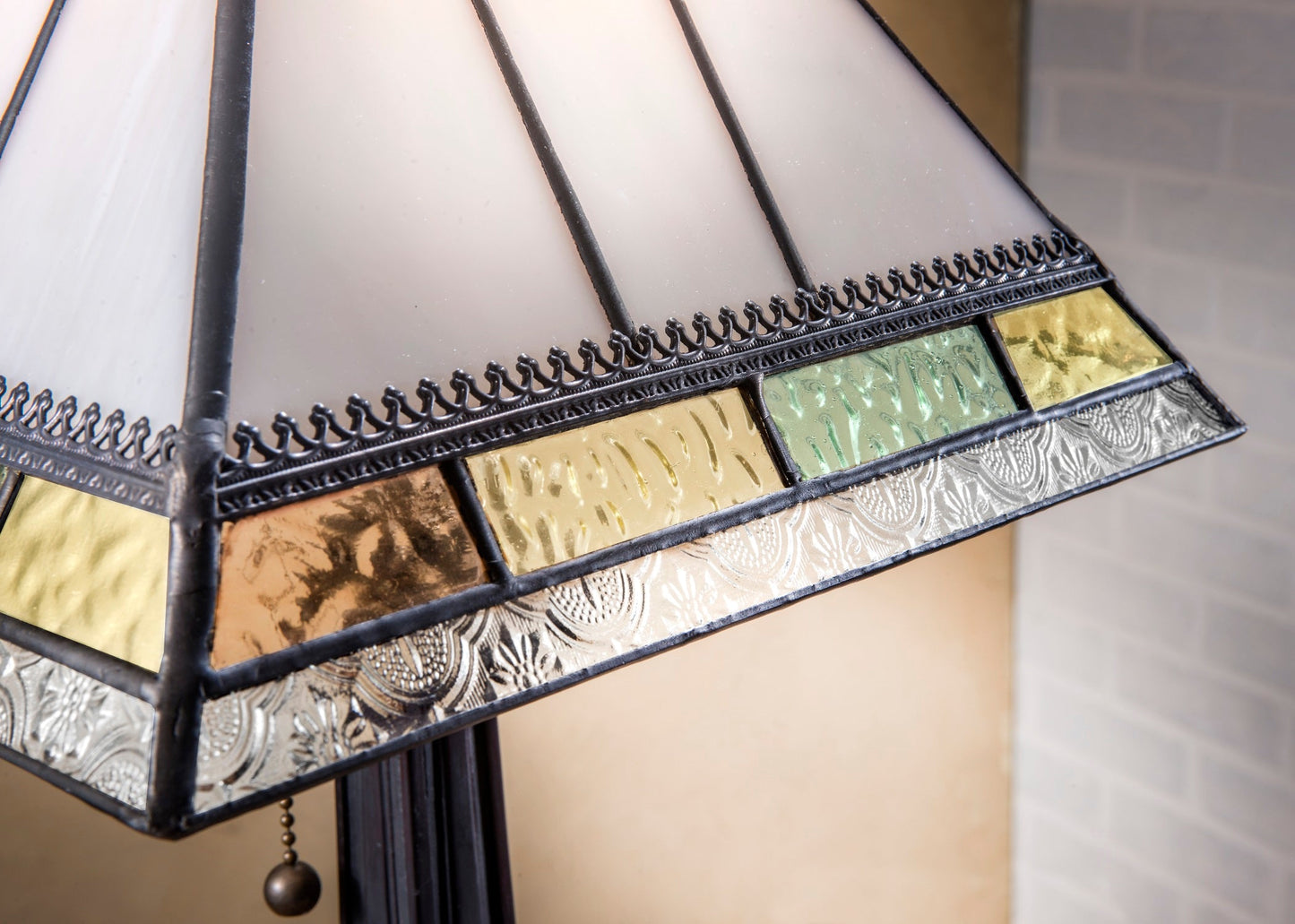 Lam 714 TB Ivory Opal Trimmed with Pastel Amber and Green Mission Lamp