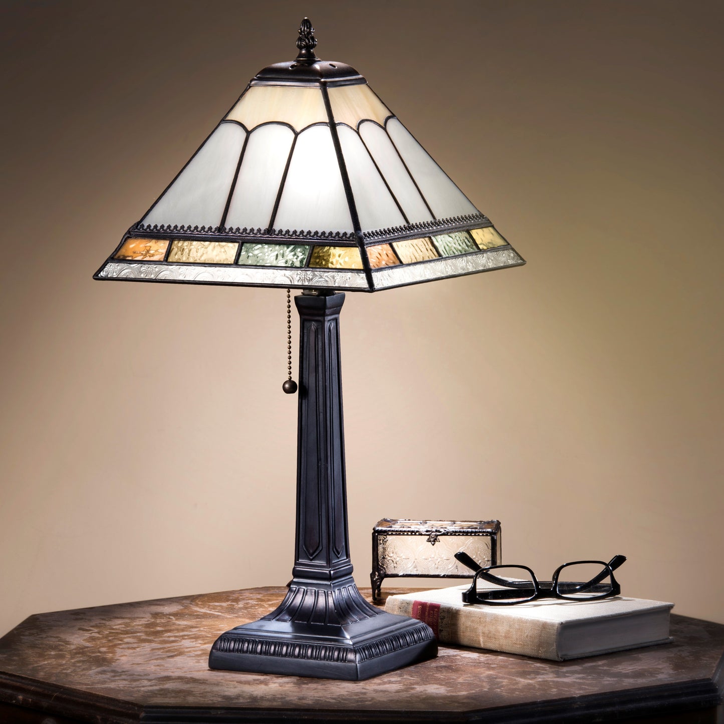 Lam 714 TB Ivory Opal Trimmed with Pastel Amber and Green Mission Lamp