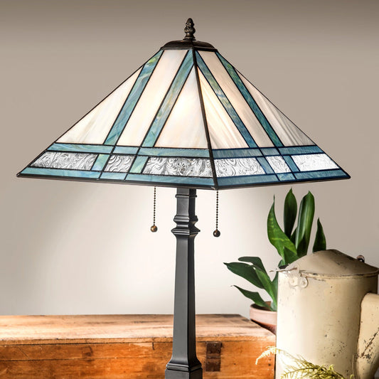 Lam 370 TB Ivory and  Blue/Green Opal  Lg Mission Lamp