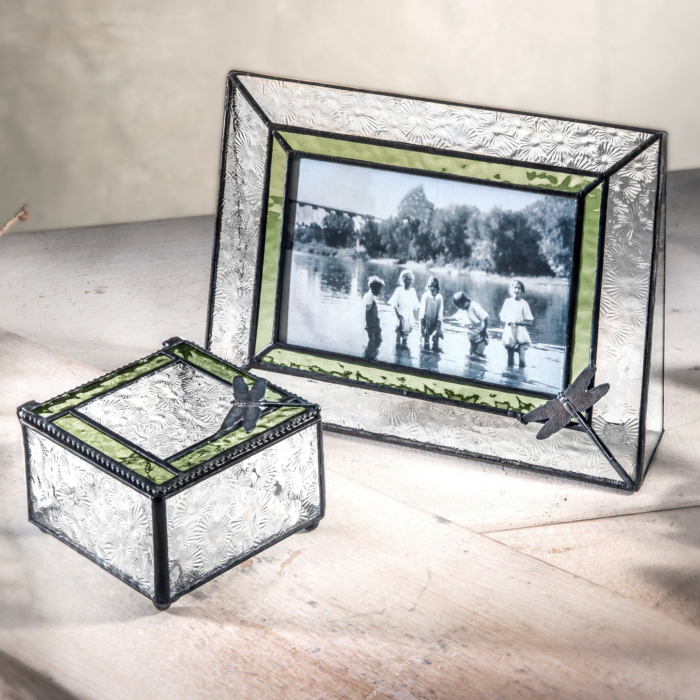 Box 141 Sage and Clear Florentine Glass Box with Dragonfly Accent
