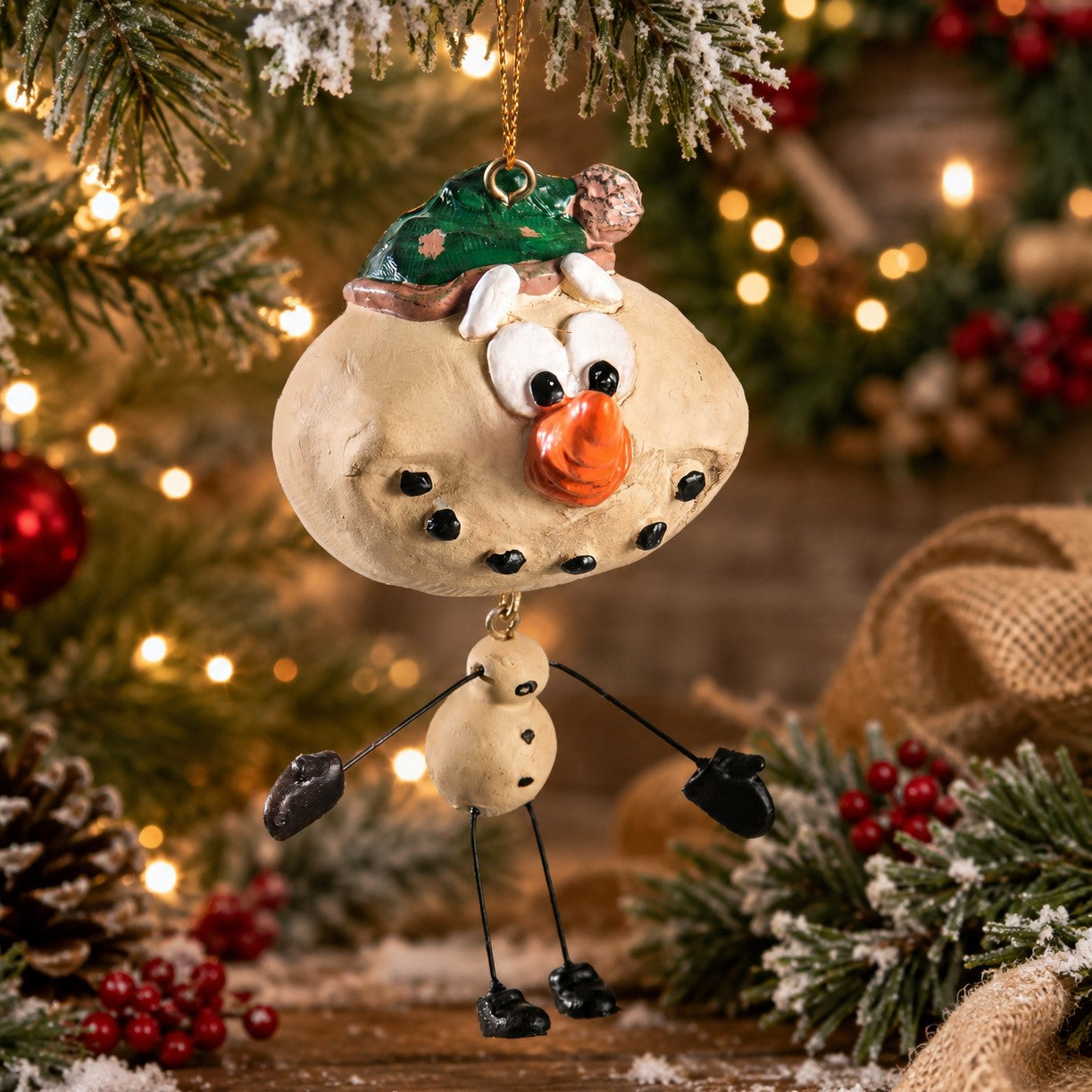 Snowman Ornament Green Hat - Holiday - BAC 004