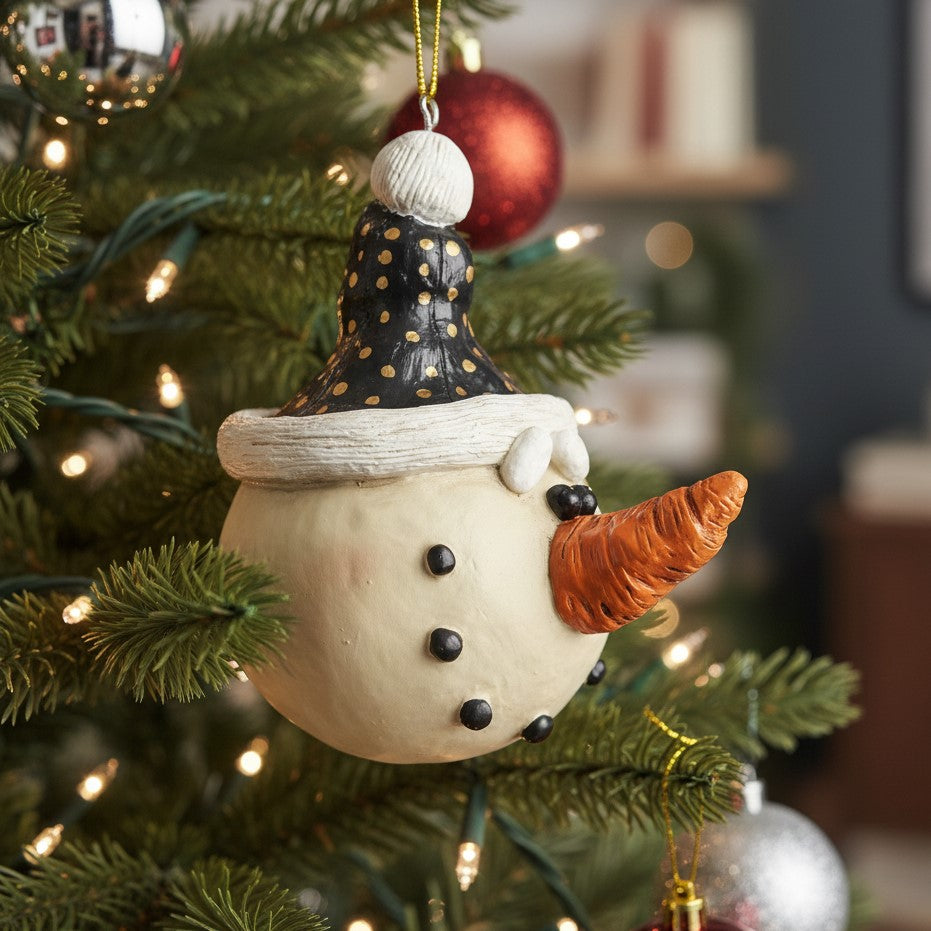 Large Snowman Head Ornament with Black & Gold Hat - BAC 041