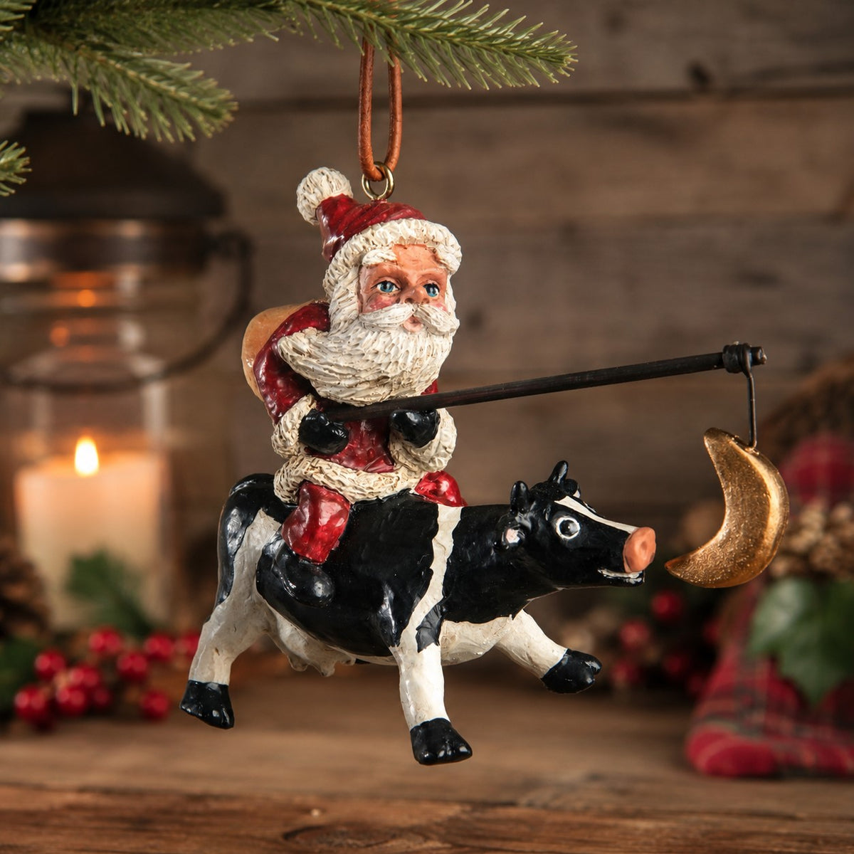 Santa Riding a Cow Ornament - Christmas Decor - Bac 208