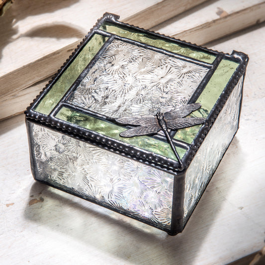 Box 141 Sage and Clear Florentine Glass Box with Dragonfly Accent