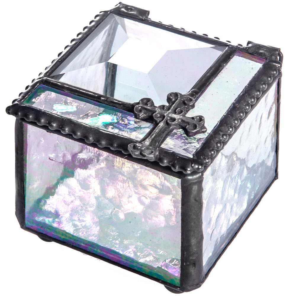 Box 349 Clear Iridescent Glass Box with Cross