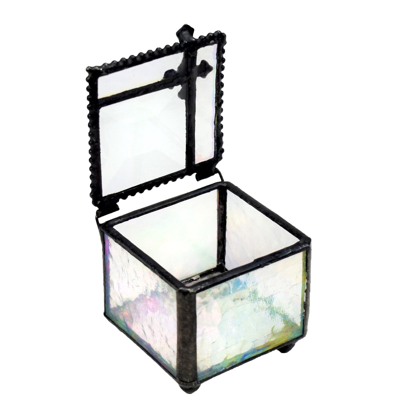 Box 349 Clear Iridescent Glass Box with Cross