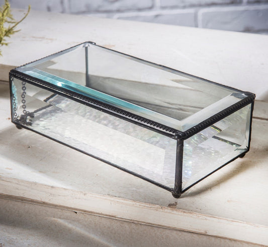 Box 830 Rectangular Beveled Glass Jewelry Box, glass keepsake box, front view